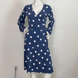 Oscar de la Renta Blue/White Designer Polka Dot V-Neck Retro Wrap Midi Dress 4